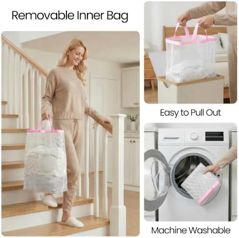 efluky Slim Laundry Hamper with Lid and Removable Bag, 100L Pink - Image 5