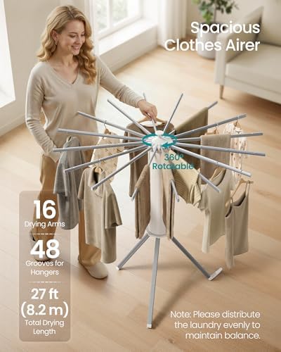 SONGMICS Drying Rack, Foldable Rotary Tripod, 16 Pull-Out Aluminum Arms - Image 3
