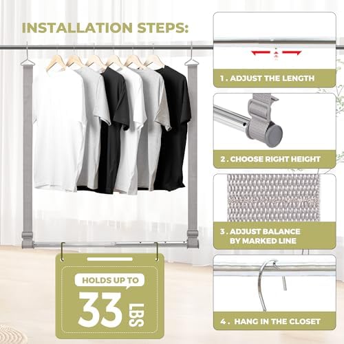 Hanging Closet Rod, 17-28In Width and Up to 32In Height Closet Extender, Double Hanging Bar with Powder-Coated Metal Pole and Adjustable Webbing, Space-Saving Tension Organizer, 1 Pack - Image 2