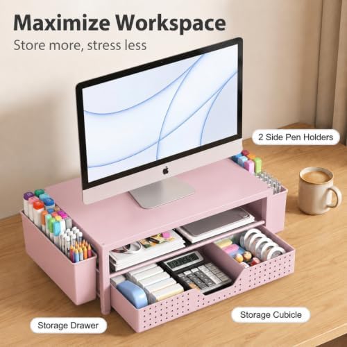 ECOLOVI Desk Organizer and Accessories, 2-Tier Computer Monitor Stand Rise with Storage Drawer & 2 Pen Holders, Laptop & Printer Stand for Desktop, Workspace Organizers for Office Supplies (Pink) - Image 3