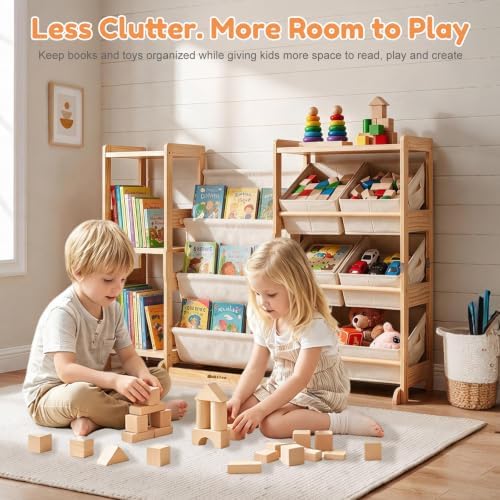 Kids Bookshelf & Toy Storage Organizer with 5 White Bins - Image 6