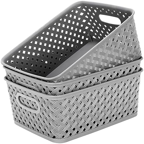 MaxGear 3 Pack Plastic Storage Baskets, Medium, Grey by MaxGear