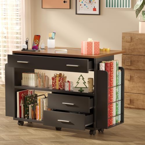 Gift Wrapping Station Cart with Foldable Drop Leaf, Crafting Storage Table - Image 3
