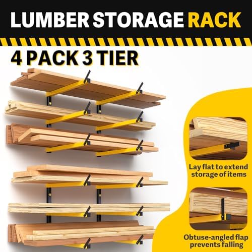 GREENER Lumber Storage Rack Folding Wood Storage Racks Wall-Mounted Metal Racks for Storage with 3-Level Heavy Duty Garage Wood Organizer for Woodworking Shop Indoor & Outdoor Use, 4 pairs,Yellow - Image 5