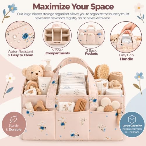 PeraBella Baby Diaper Caddy Organizer, Floral Baby Basket Shower Gift, Nursery Organizer Basket Newborn Boy & Girl Essential Items, Changing Table Organizer Caddy for Baby Stuff, Car Caddy- Pink Bloom - Image 3