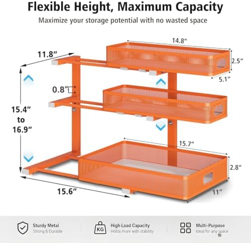 Under Sink Organizer, 3-Tier Metal Sliding Drawers, 2-Pack Orange - Image 5