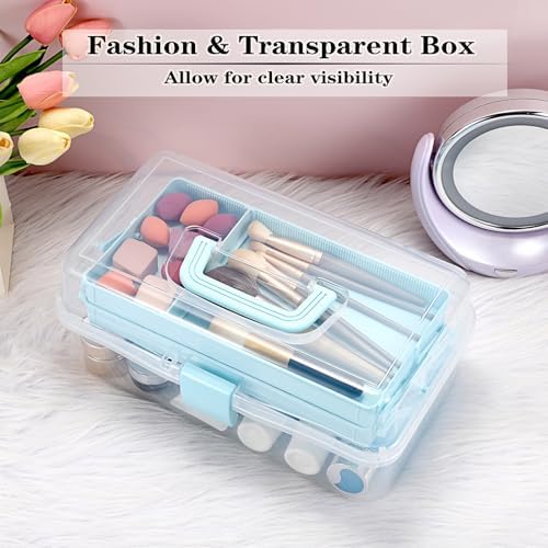 BTSKY 3-Layer Clear Plastic Dividing Storage Box Craft Organizer and Storage with Adjustable Spacers Portable Handled Art Supply Organizer Multipurpose Home Utility Box Sewing Organizers (Blue) - Image 3