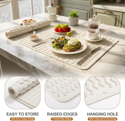 2 Pack Silicone Dish Drying Mat for Kitchen Counter Waterproof Place mats Sink Protector Stove Top Organizer Cooking Appliance Trays Dryer Rack Drainers Items Large 18"x16" Beige - Image 2