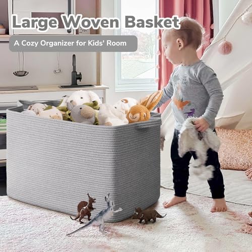 Goodpick 105L Extra Large Woven Rope Blanket Basket, Rectangle, Gray - Image 2