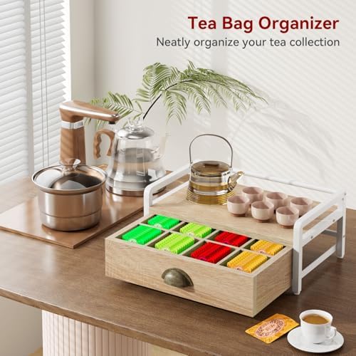 IBUYKE Tea Bag Organizer for Countertop,2 Tier Tea Box Organizer with Drawer,Wood Tea Bag Holder with Metal Frame,Tea Station Organizer for Kitchen Cabinet,Coffee Station,Office,Natural UTCJ004R - Image 2