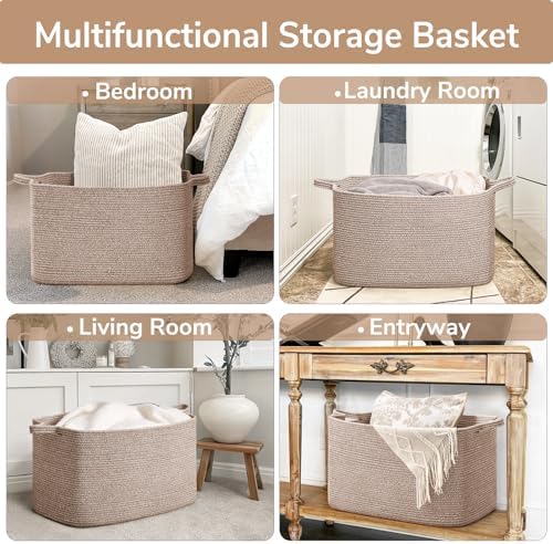 Goodpick 85L Large Woven Rope Blanket Basket, Rectangle, Brown - Image 4