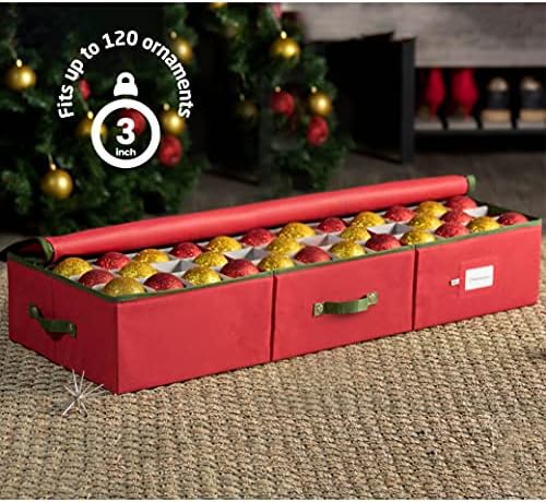 ZOBER Underbed Christmas Ornament Storage Box - Stores 120 3" Ornaments, With Dividers - Tear Proof 600D Oxford Fabric, Ornament Organizer Storage Box, Durable Christmas Containers Holder - Red - Image 2