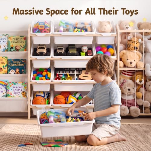 LAMU 3-in-1 Toy Storage Organizer with 3-Tier Bookshelf, Stuffed Animal Storage with 12 Bins and 4 Shelves, Wooden Book Shelf for Playroom Kids Room Nursery Bedroom Living Room Decor, White - Image 4