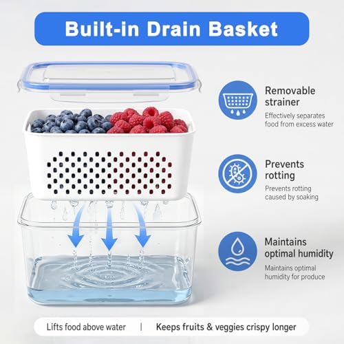 3 Pack Fruit Storage Containers for Fridge with Removable Colander,Airtight Produce Storage Containers with Lids Label Sheets, BPA-Free Berry Keeper for Fruit, Salad, Berry, Fresh(29oz+59oz+112oz) - Image 4