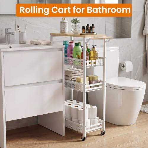 Slim Storage Cart with Adjustable Shelf, 4 Tier 9.1" Wide Narrow Rolling Utility Cart with Wooden Tabletop, Small Metal Mobile Shelf Unit Organizer Trolley for Laundry, Bathroom, Kitchen - Image 5