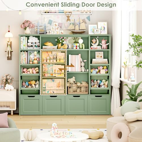 FINETONES Toy Storage with Sliding Bookshelf, Toy Organizer with 4 Bins - Image 4