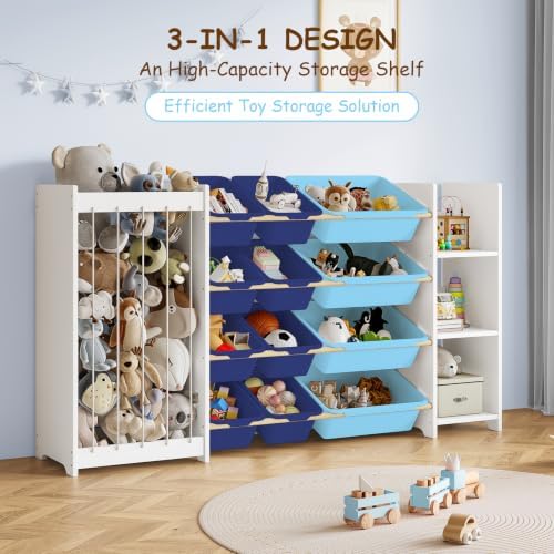 EXPERLAM 3-in-1 Kids Toy Storage Organizer, White Solid Wood, Blue Bins - Image 5