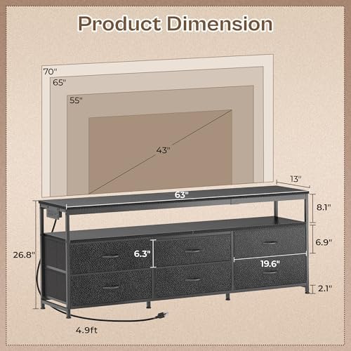 Huuger 63 Inch TV Stand for 55, 65, 70 Inch TV, Long Dresser TV Stand for Bedroom, Black LED TV Stand with Power Outlets, Fabric Drawer Dresser with Storage, Entertainment Center for Living Room - Image 2