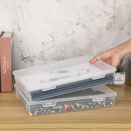 BTSKY Clear Plastic Storage Box with Flap Lid, Multipurpose Craft Organizers and Storage Box Art Supply Storage Organizer Plastic Sewing Box for Pencils Markers Notebooks A4 Files, 2 Pack Large - Image 2