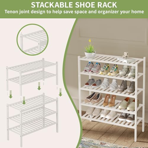 ROMGUAR CRAFT 2 Tier Bamboo Shoe Rack for Closet Free Standing Wood Shoe Shelf for Entryway Small Space Stackable 27"x11"x13" (White) - Image 5