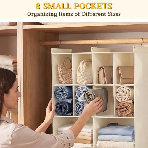 3 Tier Hanging Closet Organizer, 10 Compartments Dual Row Storage, Beige - Image 5