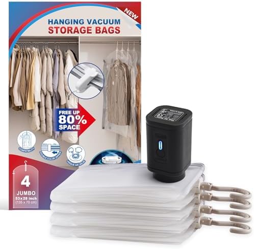 Hanging Vacuum Storage Bags, Space Saver for Clothing, 4 Long with Pump by VELMADE