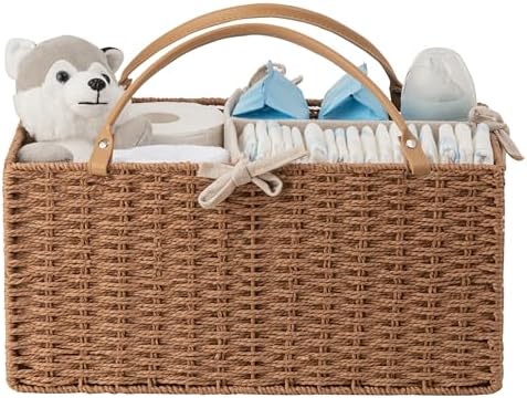 HBlife Baby Diaper Caddy Organizer, Paper Rope Storage Baskets Nursery Bin with Removable Divider, Portable Car Organizer for Diapers, Baby Shower Gifts, Newborn Essentials Must Haves by HBlife