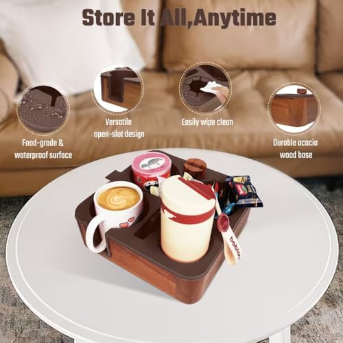 Couch Cup Holder Tray, Real Acacia Wooden Caddy with Soft Silicone, Snack and Drink Organizer- Perfect Movie Night Accessories for Bed, Remote and Cup Holders for Sofa (Coffee) - Image 2