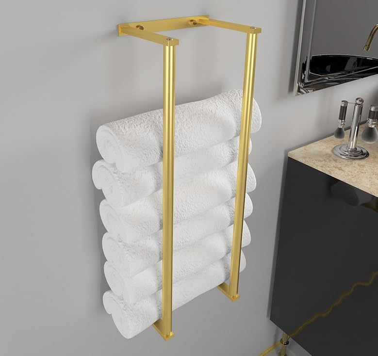 Bathroom Towel Rack for Rolled Towels, Wall Mounted Towel Storage Rack for Bathroom Organization, Stainless Steel Towel Storage Holder Can Holds Up to 6 Large Bath Towels (Gold) - Image 4