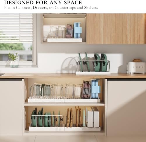 CICUFY 2 Pack Pots and Pans Organizer Under Cabinet, 12"-23" Pot Lid Holder Rack Inside Cabinet with 10 Adjustable Dividers, Pan Lid Organizer with Guardrail For Kitchen Countertop, White - Image 6