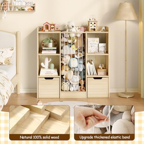 Toy Storage Organizer with Stuffed Animal Storage, Solid Pine Wooden Toy Organizer & Stuffed Animal Zoo, 4 Cubes Shelf with 2 Movable Drawers, 4 -in-1 Book Shelf for Kids Room, Playroom, Nursery - Image 5