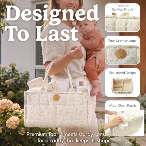 Floral Diaper Caddy Organizer - Portable Diaper Caddy with Handles & Removable Dividers - Large & Quilted Nursery Storage Basket for Girls - Woodland Nursery Decor & Wildflower Gift for Baby Shower - Image 4