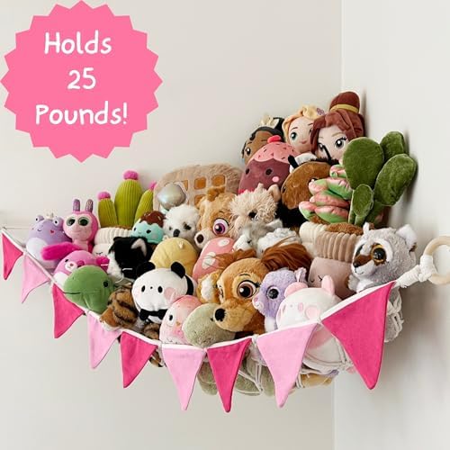 Stuffed Animal Hammock Corner - Large Stuffy Storage With Colorful Flags - Squishie Storage and Plushie Net Stuffed Animal Hammock (Pink) - Image 2