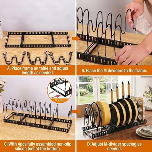 Pot and Pan Organizer Rack for Cabinet, 3 Expandable Pot Lid Organizer Holder with 12 Adjustable Compartment for Kitchen Cutting Board, Pan Lid, Cabinet Cookware Baking - Image 3