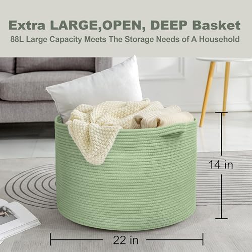 MEGASKET Extra Large Green Basket, 22" X 22" X 14" Woven Cotton Rope Baskets for Blankets, Nursery Laundry Basket, Cute Kids Toy Storage Bin, Green Living Room Bedroom Decor Baskets for Organizing - Image 3