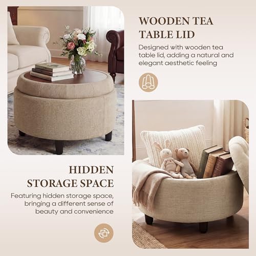 COLAMY Fabric Round Storage Ottoman with Reversible Tray Lid(Camel) - Image 6
