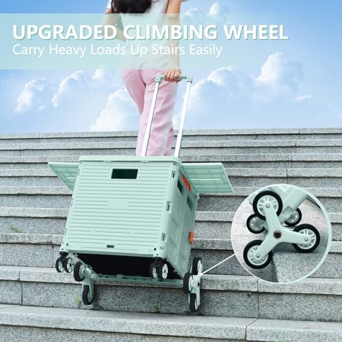 Foldable Utility Cart with Stair Climbing Wheels,Collapsible Rolling Crate with Magnetic Lid Telescopic Cover,Telescoping Handle,360° Rotate Wheel Hand Cart for Teacher Shopping Moving Grocery(Green) - Image 6