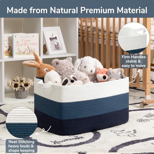 Goodpick Large Woven Rope Blanket Basket, Rectangle, Light Blue - Image 6