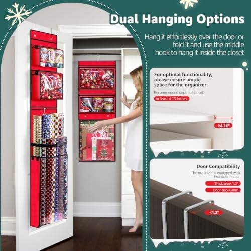 Hanging Wrapping Paper Organizer Storage, Over Door Gift Wrap Roll Holder - Image 2