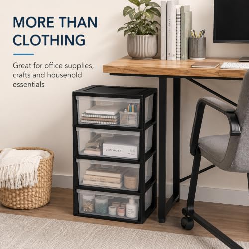 4 Drawer Storage Organizer, Wide Clear Plastic 4 Tier Drawer Unit (Black) - Image 6