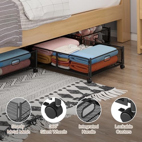Gawerk Under Bed Storage with Wheels, Foldable Metal Mesh Underbed Storage Container Bins, Tool-free Assembly Clothes Drawer Organizer,2Pack - Image 3