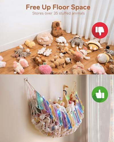 Boho Stuffed Animal Hammock, Falt Wall or Corner Hanging, Rainbow XL - Image 5