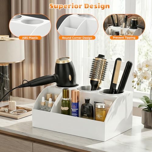 Hair Tool Organizer Countertop, Bathroom Vanity Organizers and Storage, Acrylic Hot Tools Organizer Storage for Hair Dryer, Curling Iron, Brush, Hair Straightener (White) - Image 4