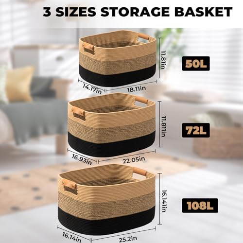 danpinera Large Woven Basket, 108L Large Blanket Basket for Living Room, Nursery, Cotton Woven Hamper for Toy Organizing & Laundry, 25’’*16’’*16’’ Gradient Linen - Image 6