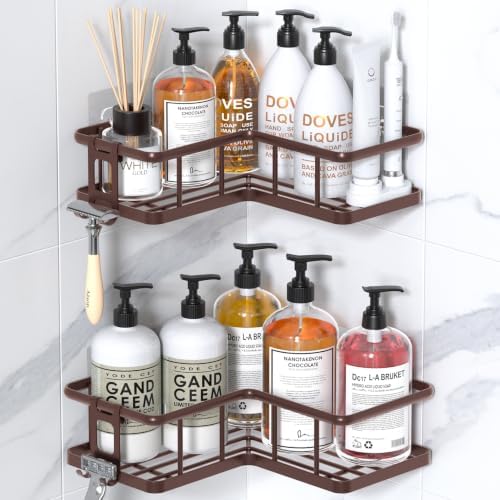 YASONIC Corner Shower Caddy Adhesive, 100% Rustproof Shower Organizer, No Drill Shower Shelf for Inside Shower, Wall-Mounted Shower Storage for Homes (2 Pack, Bronze) by YASONIC