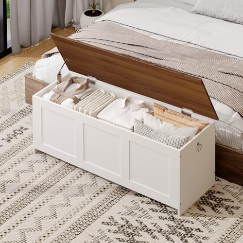 HOOBRO 47.2" Large Storage Bench, Retro Storage Chest with Safety Hinge, Wooden Storage Trunk, Toy Chest with Lift Top for Bedroom, Living Room, Entryway, White and Walnut WH412CW01G1 - Image 4
