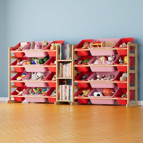 SpaceAid Large Toy Storage Organizer with 24 Bins and 3 Shelves, Toy Organizers Storage Bookshelf, Kids Bin Shelf Box Bookcase for Bedroom Playroom Organization Room Decor, Red and Pink by SpaceAid