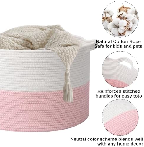 90L Extra Large Pink Woven Cotton Rope Basket with Handles - Image 3