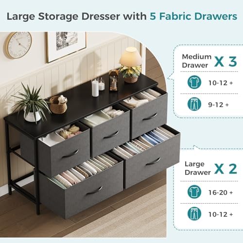 OLIXIS Dresser for Bedroom with 5 Drawers, Wide Chest of Drawers, Grey - Image 4
