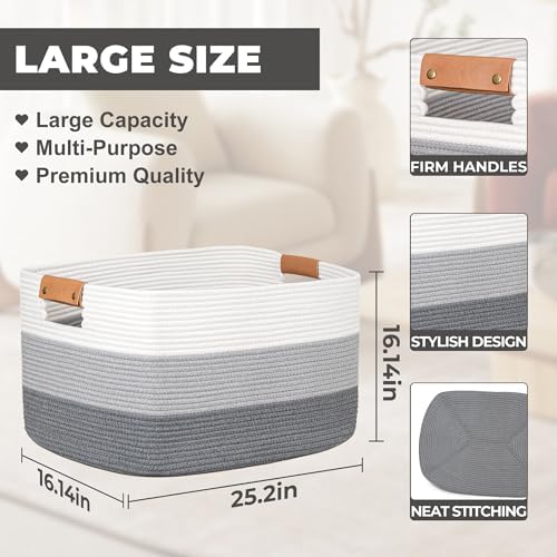 danpinera Large Woven Basket 25’’*16’’*16’’ 108L Woven Baskets for storage Baby Laundry Hamper, Cotton Rope Boho Decorative Storage Bin for Living Room, Nursery, Clothes, Pillows Gradient Grey - Image 2